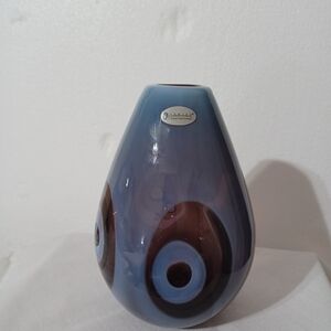 FENTON International Handcrafted Fused Glass Optic Eye Blue Purple 7" Bud Vase